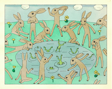 Illustration of rabbits by a pond